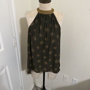 Free People Olive Halter Tank with Gold Sunburst Print